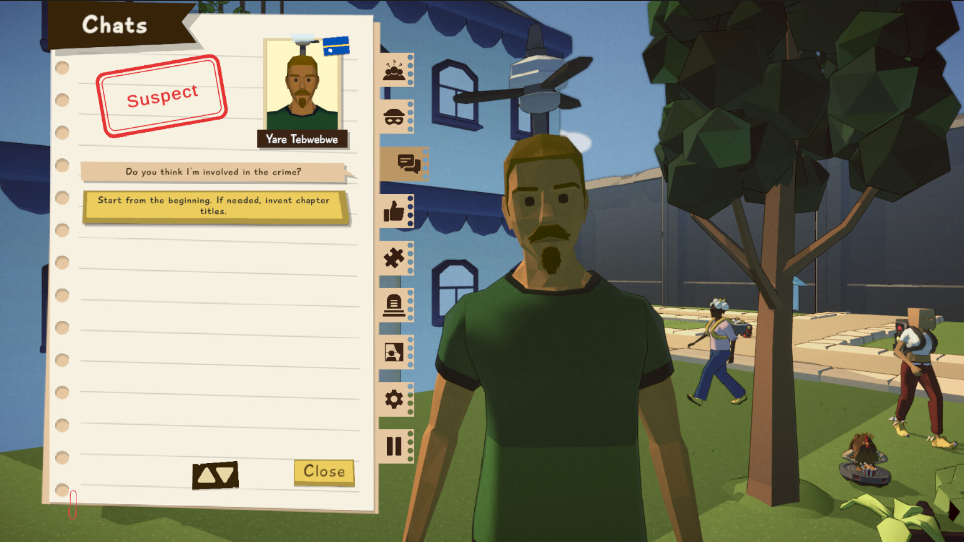 Silly Suspects: a chat window with a suspect card beside a man in a green shirt.