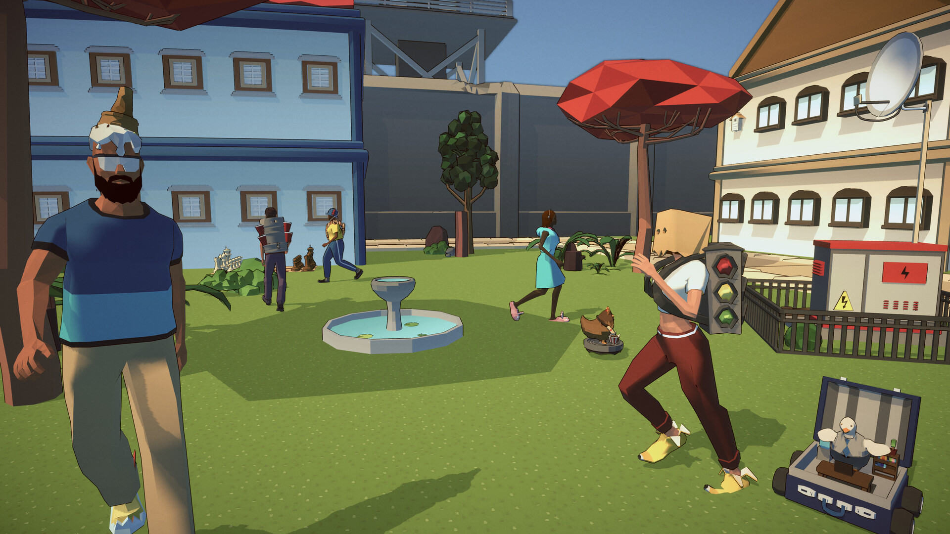 Silly Suspects: townspeople wandering past a fountain, one carrying a red umbrella.