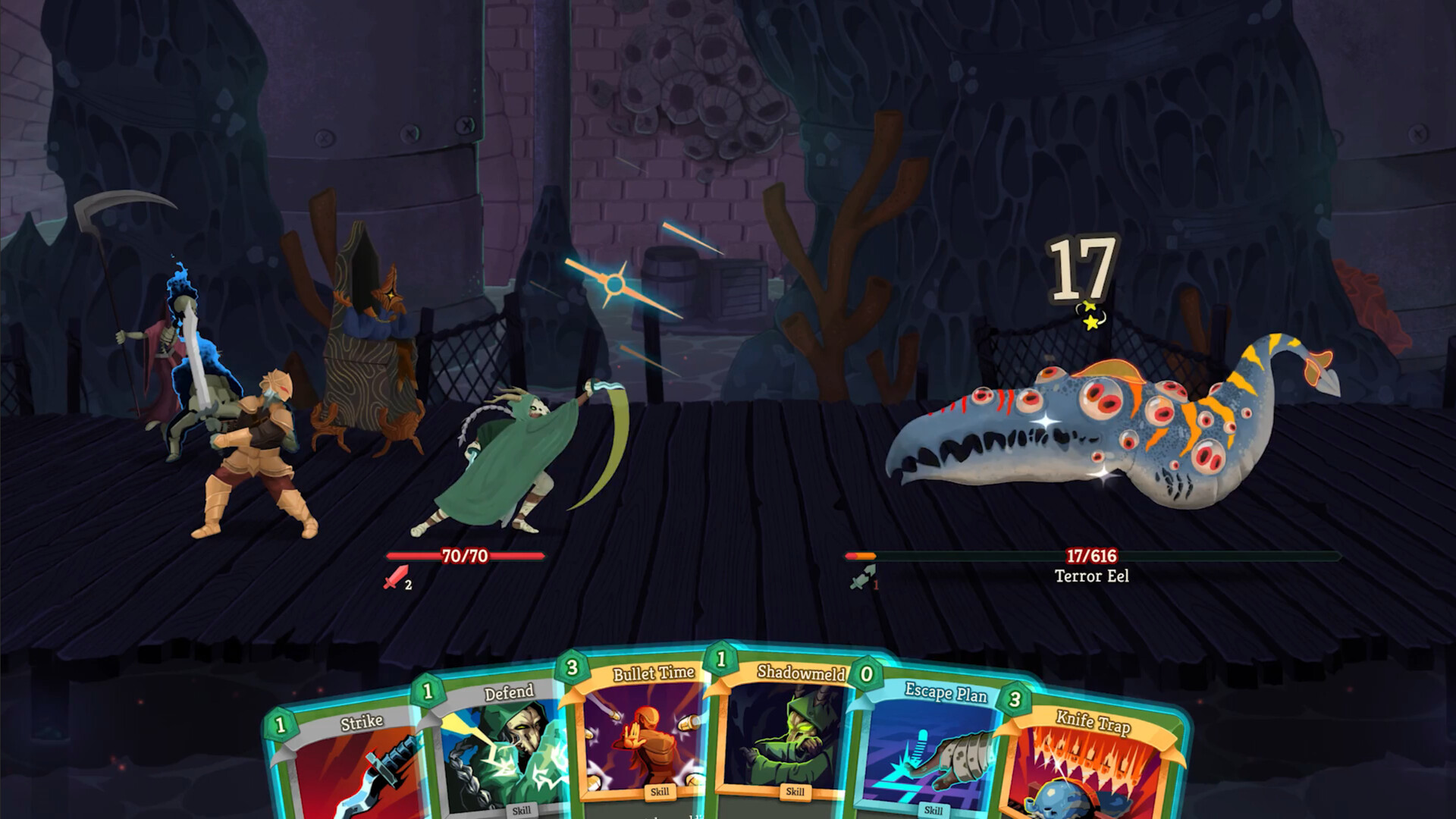 A Slay the Spire 2 battle against a large eel-like creature, with a hand of cards along the bottom