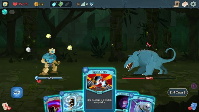 Slay the Spire 2 jungle combat screenshot. Image: Mega Crit A Slay the Spire 2 battle in a dark jungle, with a hand of cards facing a blue beast