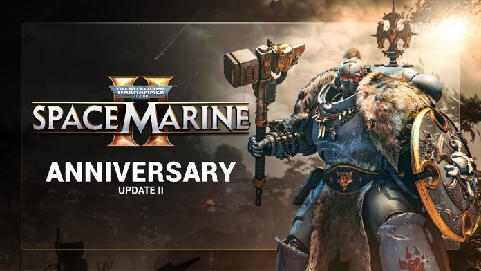 Space Marine 2 Anniversary Update II trailer. Image: Focus Entertainment Space Marine 2 Anniversary Update II title card beside a Space Wolves marine holding a thunder hammer and shield