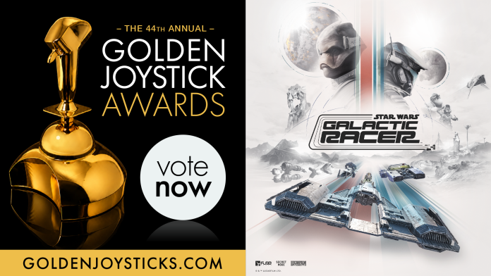 A Golden Joystick Awards "vote now" graphic beside Star Wars: Galactic Racer key art showing two helmeted racers above a ship in flight