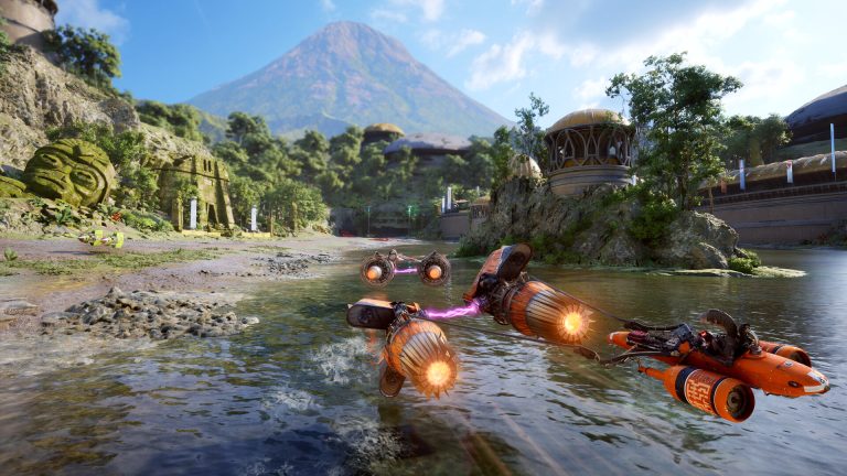 Three podracers skimming across shallow water past jungle ruins, with a mountain behind them