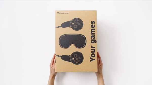 Two hands hold up a cardboard Steam Frame box printed with a headset and two controllers and the words "Your games"
