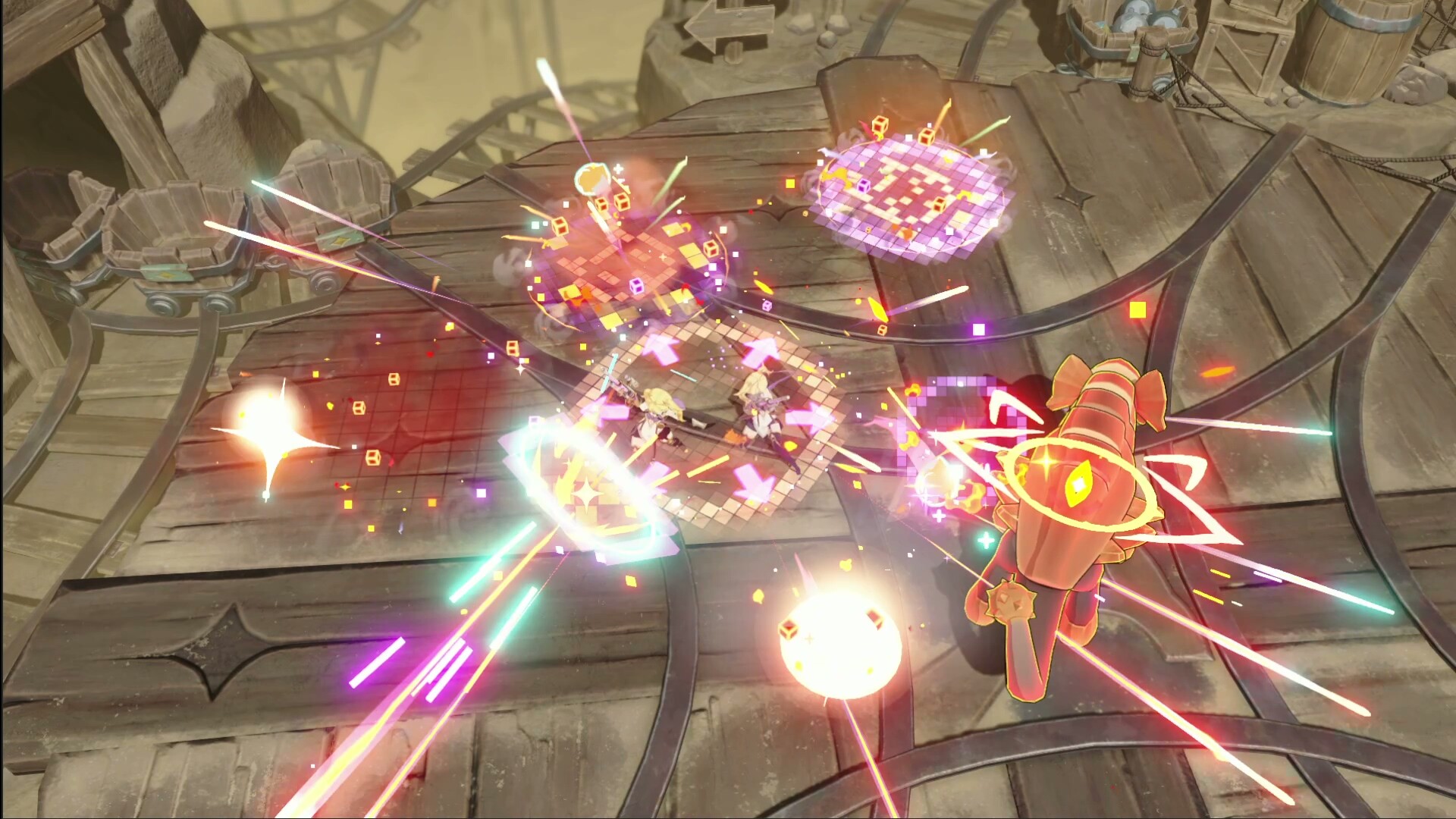 Stella Sora: bright pink and blue attack effects exploding around an orange enemy in a stone arena.