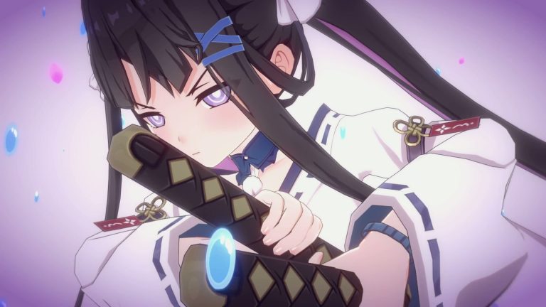 Stella Sora: a dark-haired character with blue hair clips holding a sheathed sword up to her face.