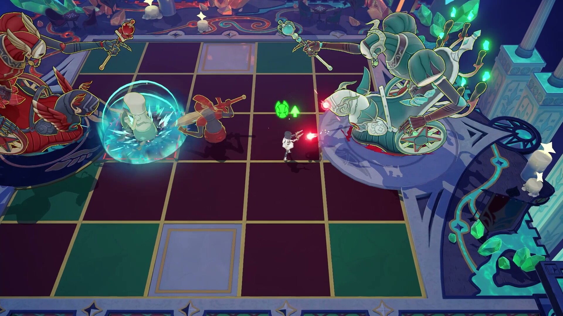 Stella Sora: a top-down view of a squad fighting two large enemies on a green and maroon checkered floor.