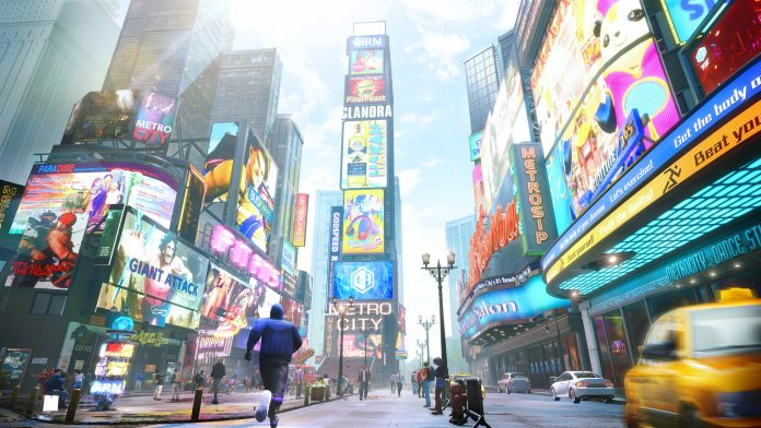 Street Fighter 6 - Metro City street with billboards. Image Capcom A runner heads down a busy Metro City street lined with bright billboards in Street Fighter 6.