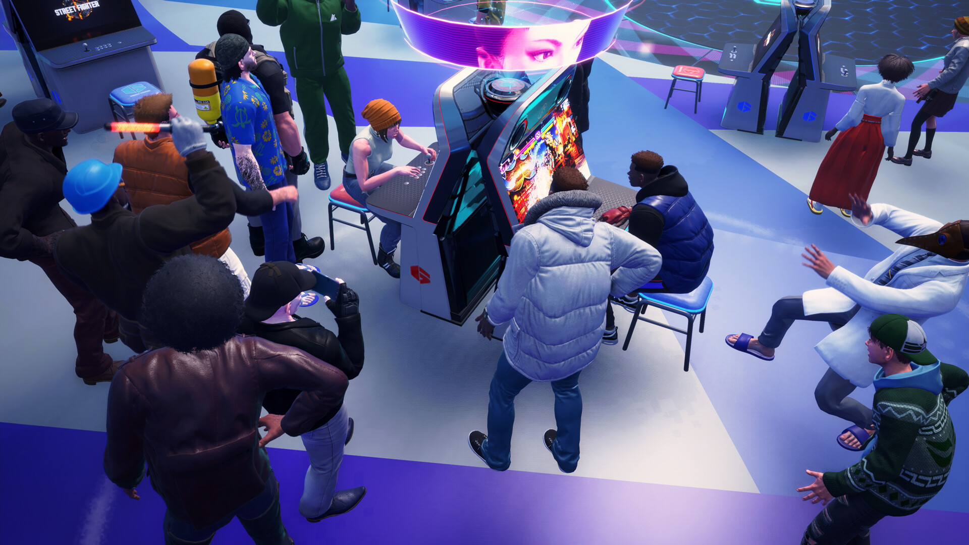 A crowd of avatars gathers around an arcade cabinet where two players face off in Street Fighter 6.