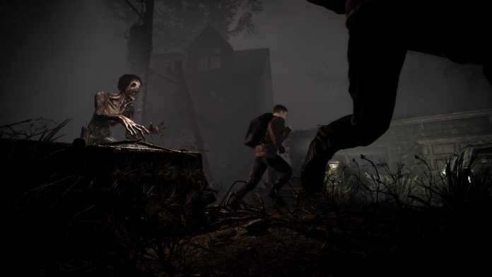Surrounded: a pale creature crouches on a stump as a player runs through a foggy night. Image: Nightmare Studios