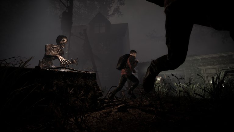 Surrounded: a pale creature crouches on a stump as a player runs through a foggy night. Image: Nightmare Studios