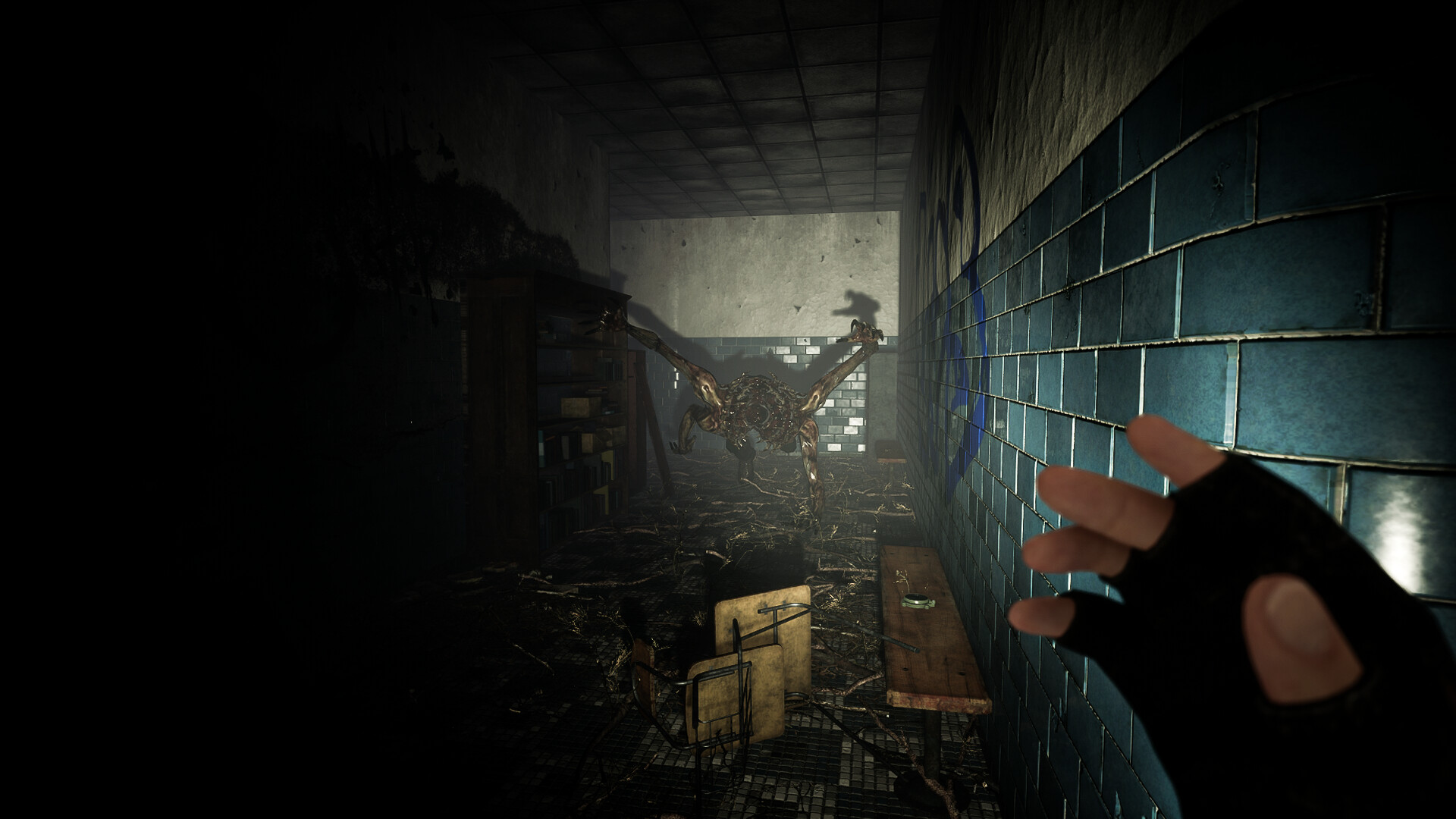 Surrounded: a dark tiled corridor with a creature at the far end.