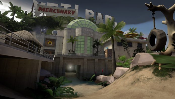 Team Fortress 2 map screenshot, visitor centre. Image: Valve A tropical Team Fortress 2 map with a Visitor Center building under a Yeti Park sign, palm trees and a tyre swing in the foreground