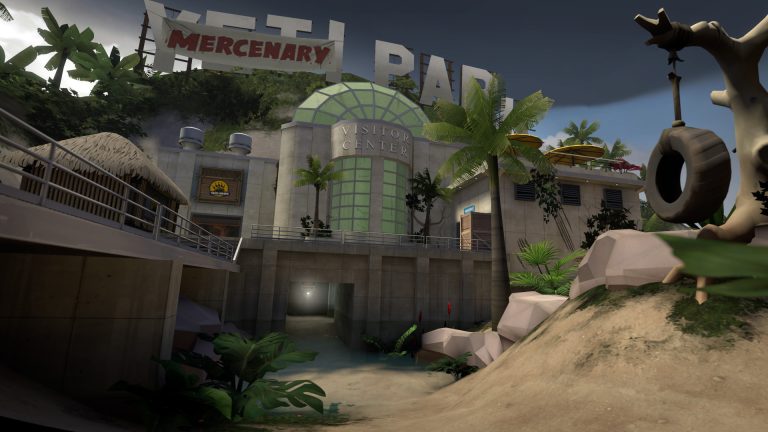 A tropical Team Fortress 2 map with a Visitor Center building under a Yeti Park sign, palm trees and a tyre swing in the foreground