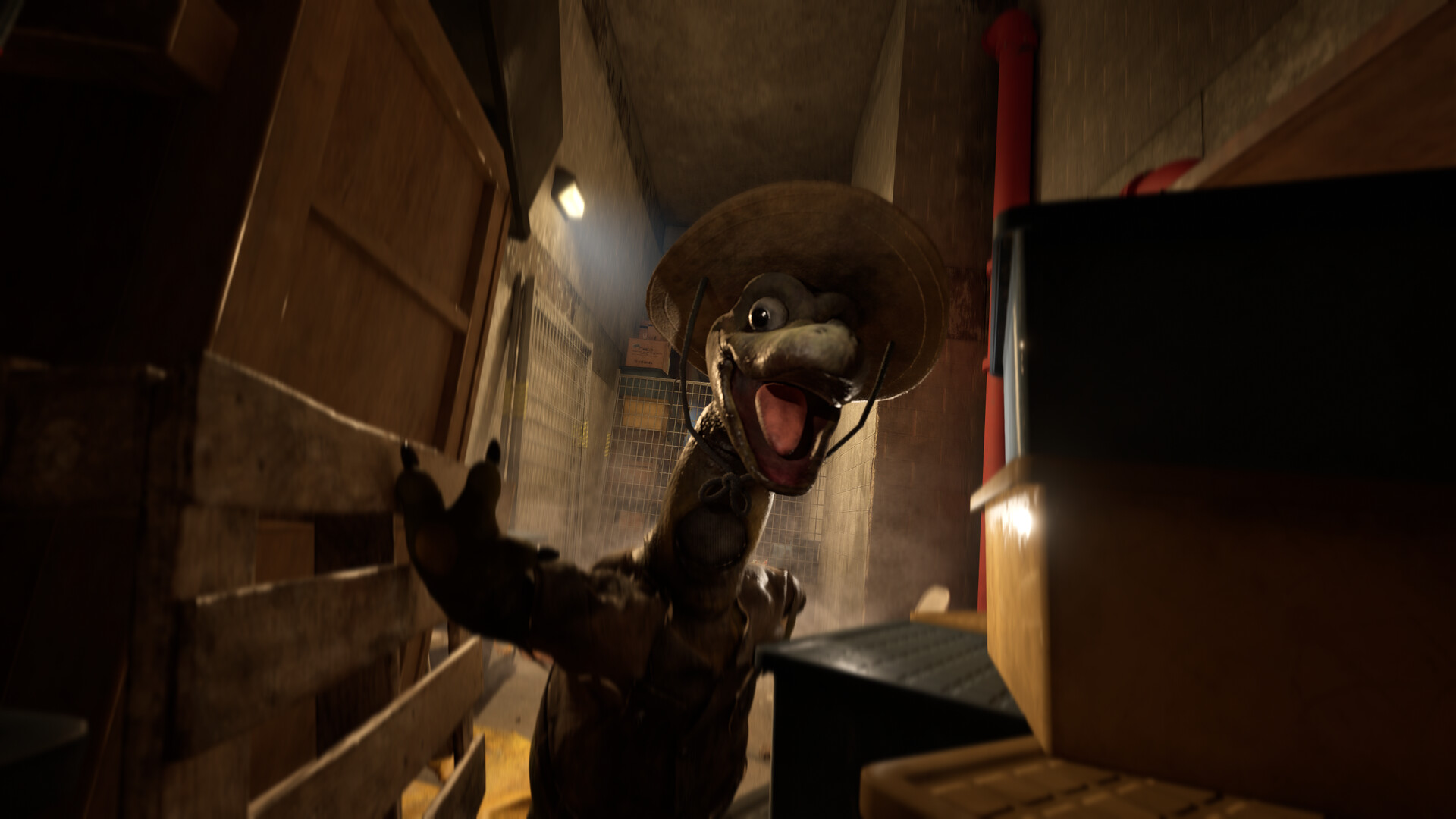 A grinning dinosaur mascot in a straw hat lunges at the player through a narrow wooden corridor in Terrible Lizards
