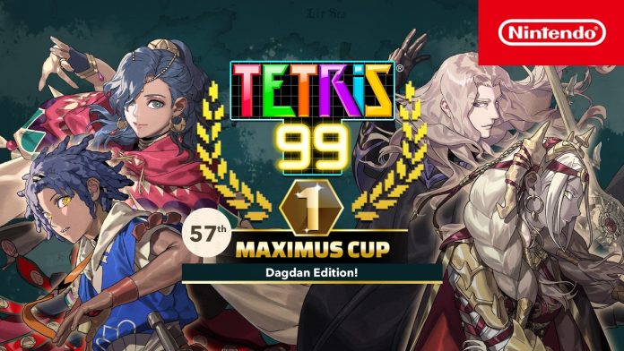 Tetris 99 57th Maximus Cup title card with Fire Emblem: Fortune's Weave characters either side of the Tetris 99 logo