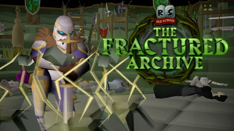 An armoured Old School RuneScape character crackling with green energy beside The Fractured Archive logo