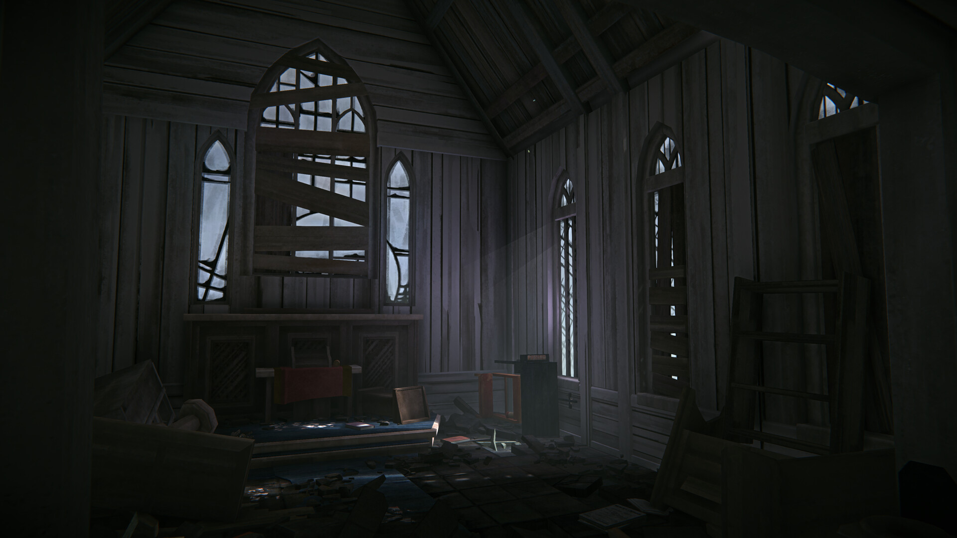 The Long Dark: Iron Road: the dark interior of an abandoned wooden church with tall arched windows