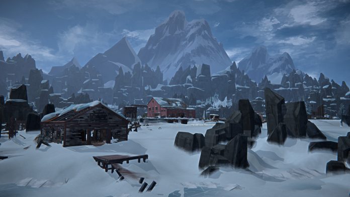 The Long Dark: Iron Road: wooden buildings and a small jetty in deep snow below jagged mountains under a cloudy sky