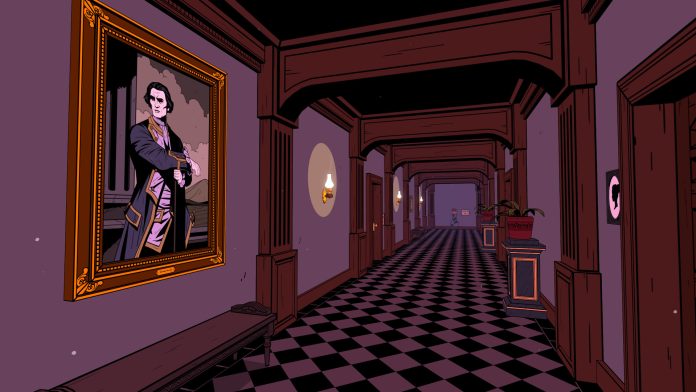 The Seance of Blake Manor hallway with a portrait. Image Spooky Doorway and Raw Fury The Séance of Blake Manor: a long chequered hallway with a framed portrait of a man in the foreground