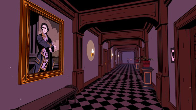 The Séance of Blake Manor: a long chequered hallway with a framed portrait of a man in the foreground