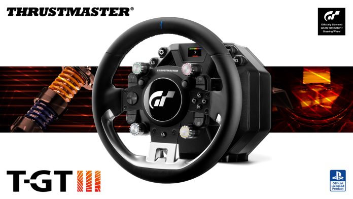 The Thrustmaster T-GT III steering wheel with the Gran Turismo logo on its centre