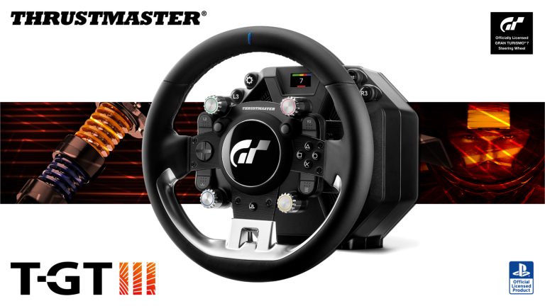 The Thrustmaster T-GT III steering wheel with the Gran Turismo logo on its centre