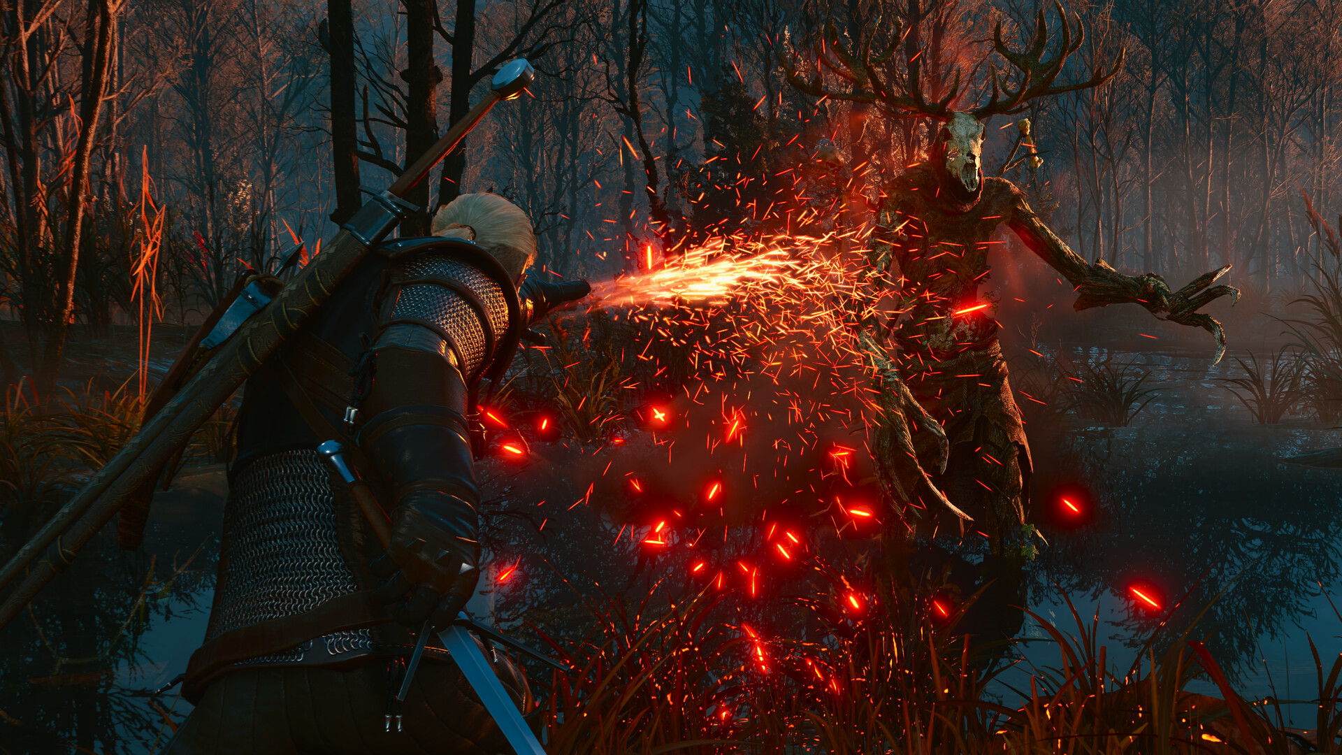 Geralt strikes a horned, tree-like monster in a dark swamp, sending sparks flying