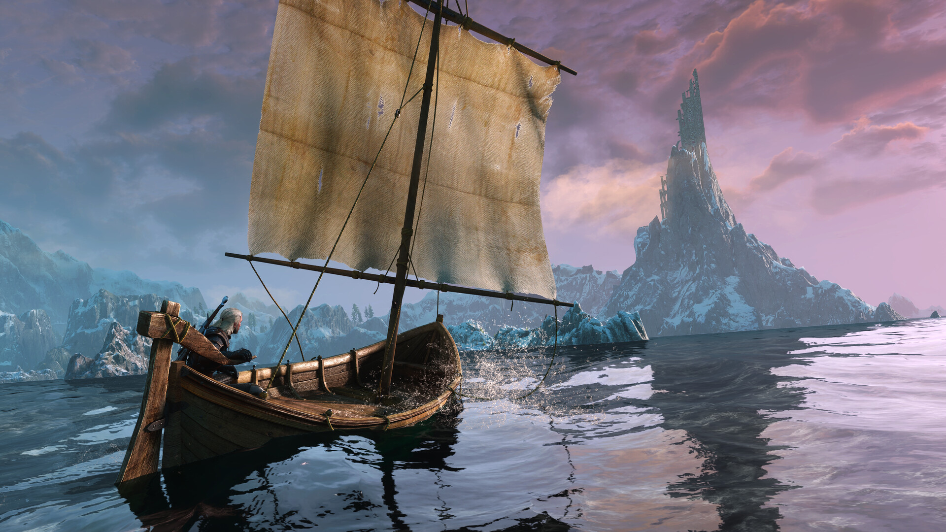 Geralt sails a small wooden boat across calm water towards a tall rocky spire