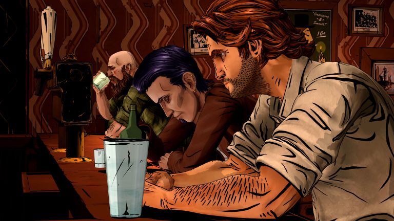 Bigby Wolf leaning on a bar counter beside two other patrons in a dim bar with patterned wallpaper