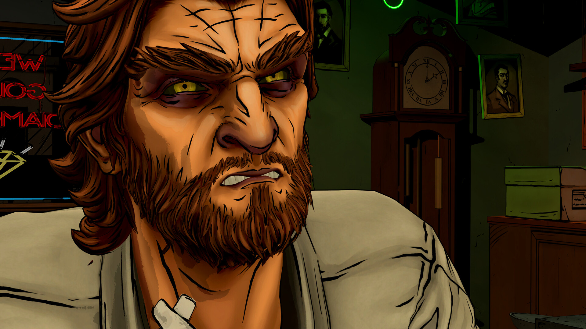 The Wolf Among Us Remastered: a close-up of Bigby Wolf glaring, with yellow eyes, in a cluttered office