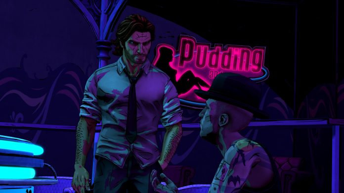 Bigby Wolf stands under a pink neon sign in a purple-lit club in The Wolf Among Us Remastered