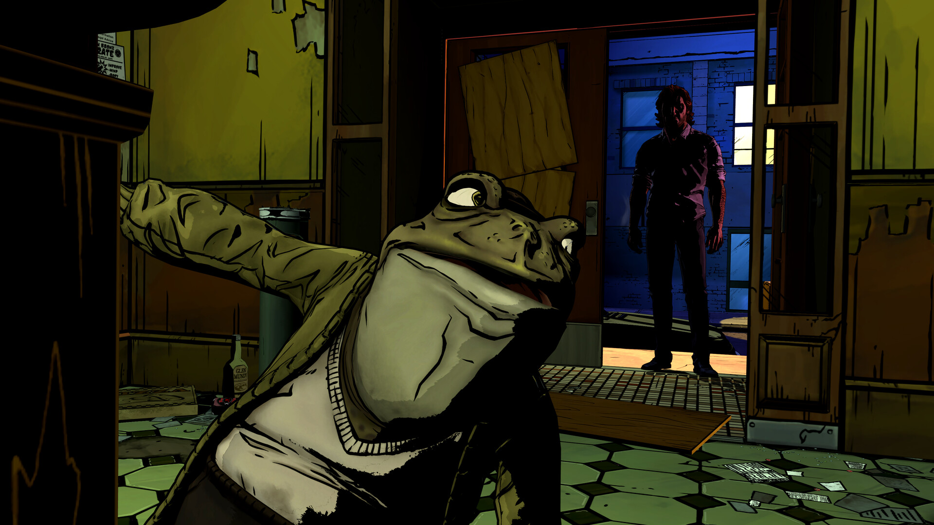 Bigby faces a sneering grey-haired man in a purple suit inside a wood-panelled study in The Wolf Among Us Remastered