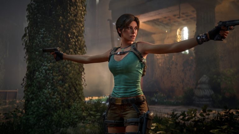 Lara Croft in a teal top aims a pistol in each hand in a vine-covered ruin, from the thumbnail of the Tomb Raider: Legacy of Atlantis anniversary teaser.