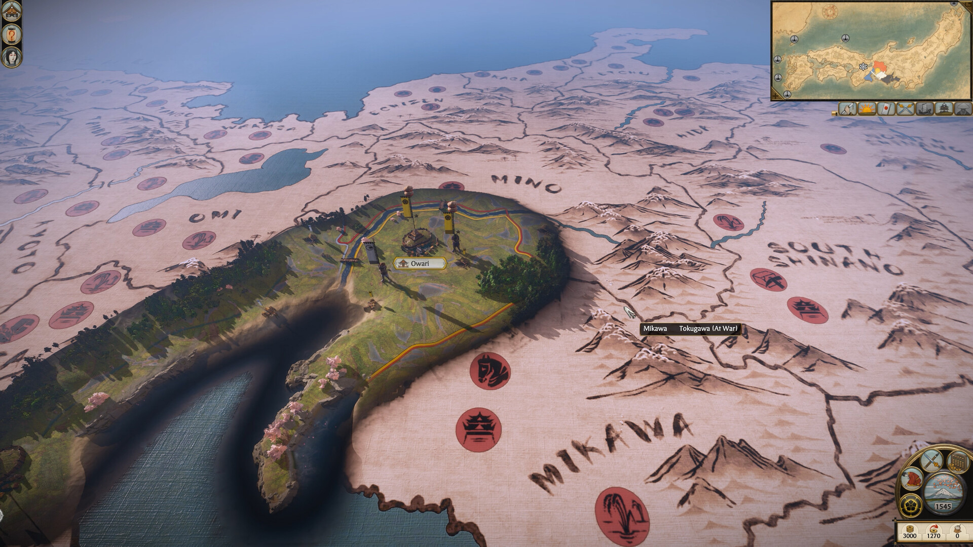 The painted campaign map of Japan with the Owari province raised in 3D, a tooltip reading Mikawa, Tokugawa (At War), and a minimap in the top corner