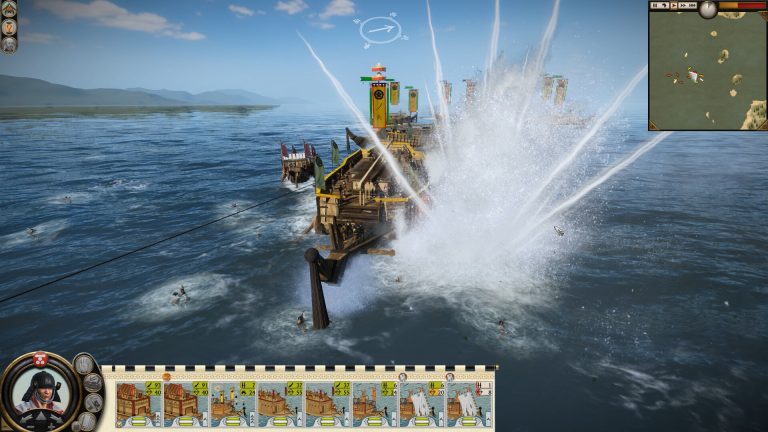 A wooden Japanese warship with yellow banners surrounded by a large water splash and white projectile trails during a naval battle, with a unit card bar and minimap on screen