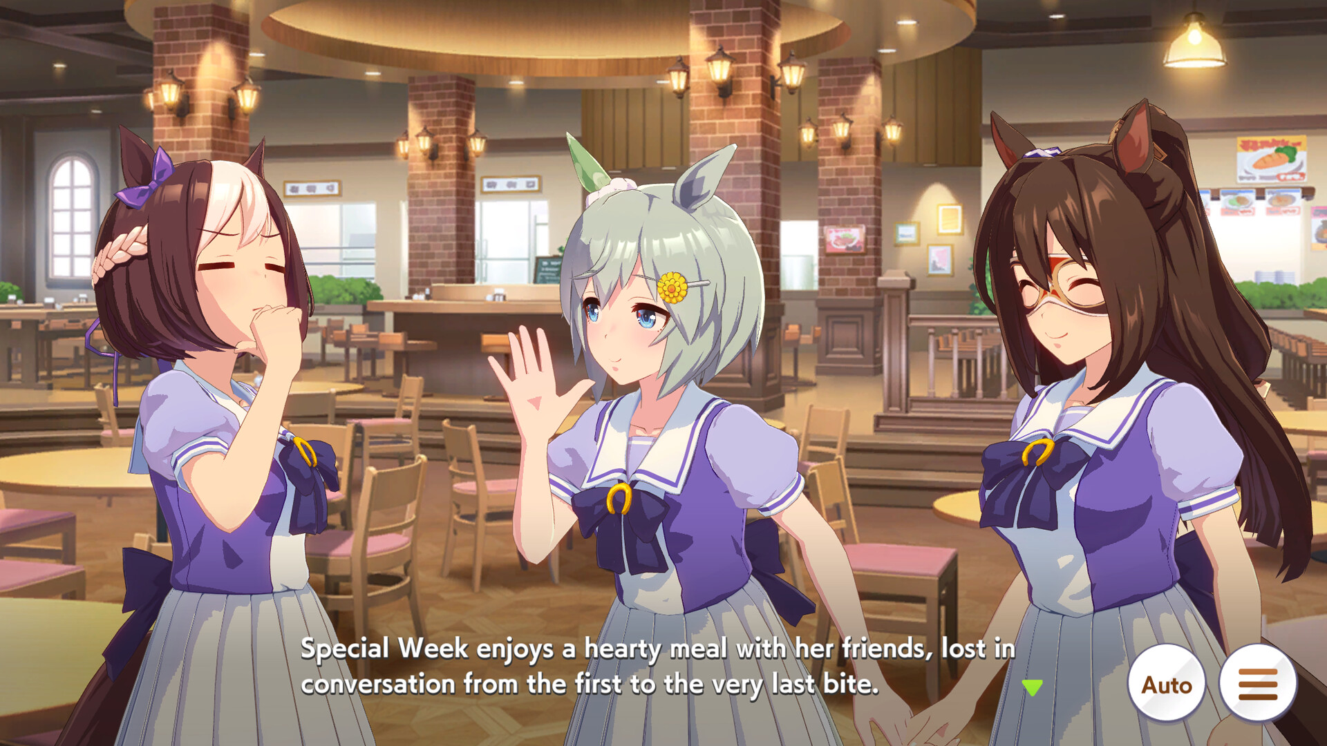 Umamusume: Pretty Derby: Special Week and two friends talking in a school cafeteria