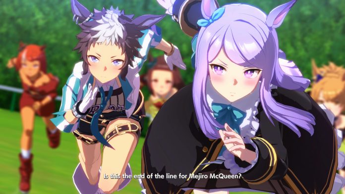 Umamusume: Pretty Derby: several Umamusume runners racing on a grass track