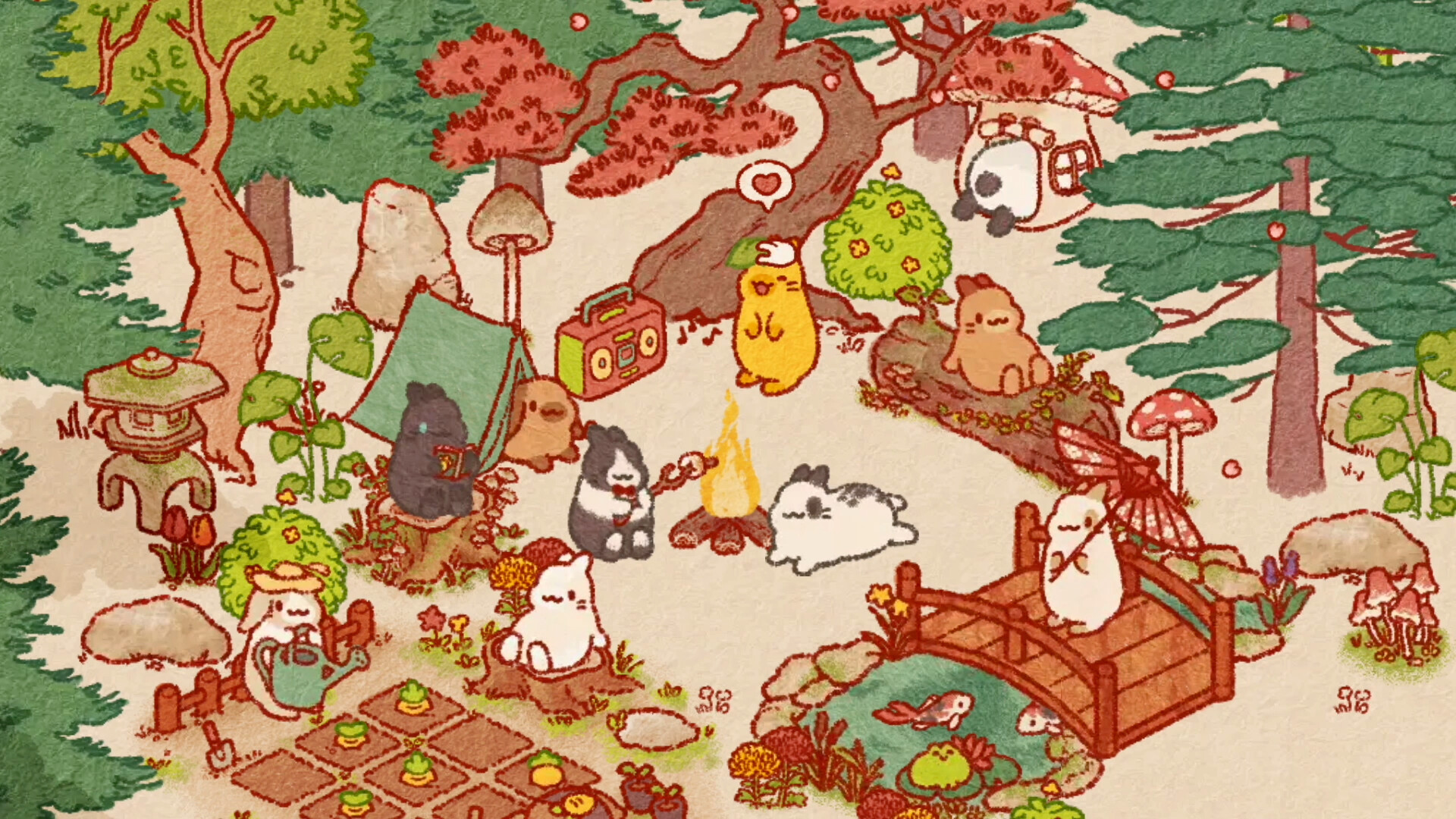 Bunnies gather around a campfire, a tent and a radio among trees and vegetable beds in Usagi Shima