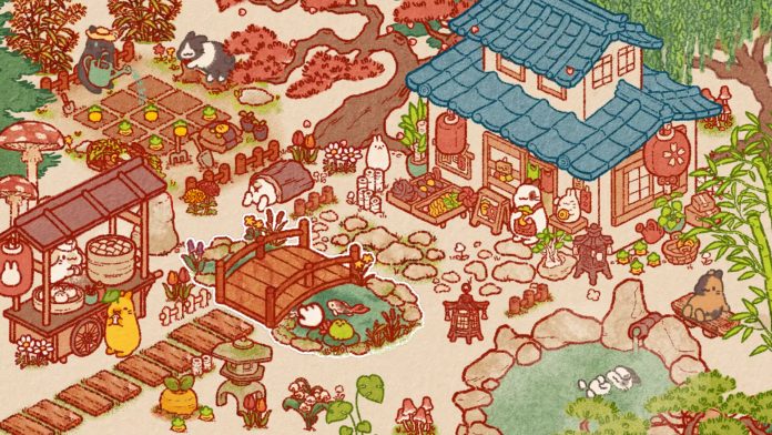 An illustrated island of bunnies with a blue-roofed house, a food cart, a pond and a wooden bridge in Usagi Shima