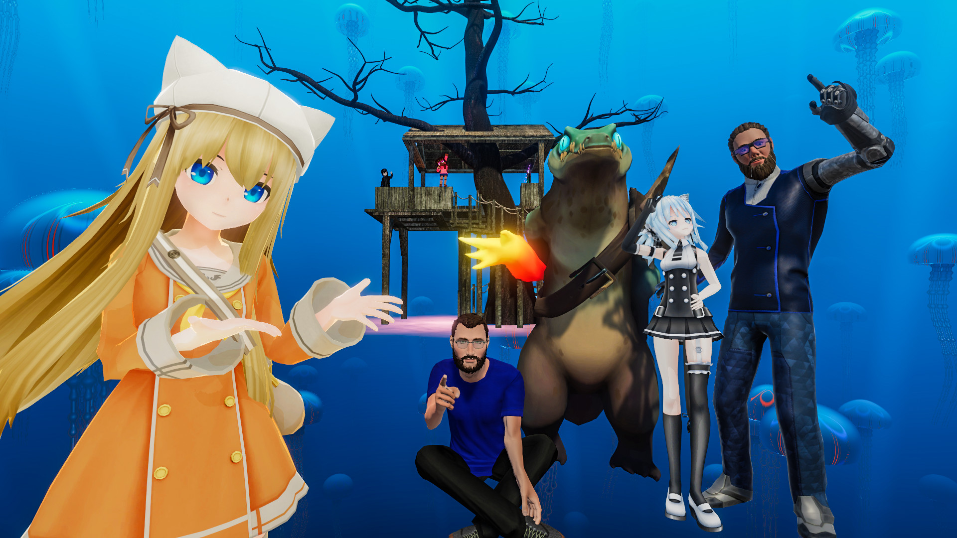 A group of VRChat avatars posing together underwater among jellyfish, including an anime-style girl in an orange coat, a bear-like creature and two men.