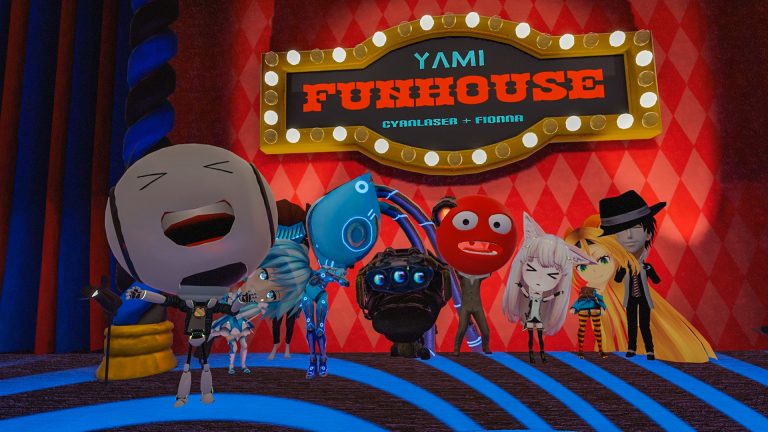 A line of VRChat avatars on a stage beneath a lit Yami Funhouse sign, in front of a red checkered backdrop.