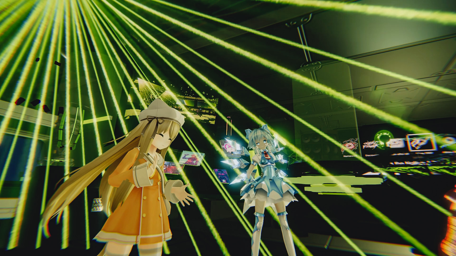 Two VRChat avatars dancing in a darkened club under sweeping green laser beams.