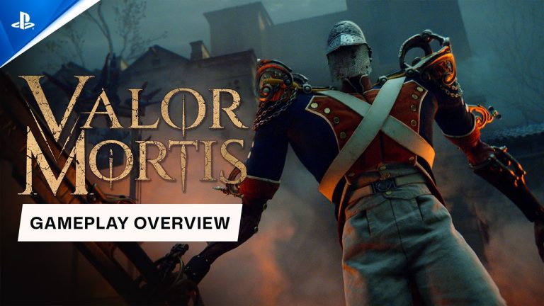 A soldier in a red Napoleonic uniform beside the Valor Mortis Gameplay Overview title