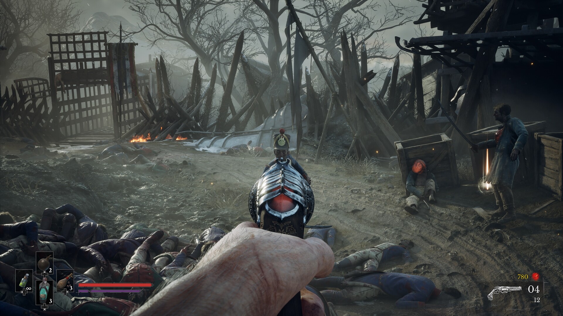 A first-person view along a pistol barrel toward a soldier in a shako across a bleak battlefield of fallen bodies, wooden spikes and small fires, with health and ammo indicators at the bottom