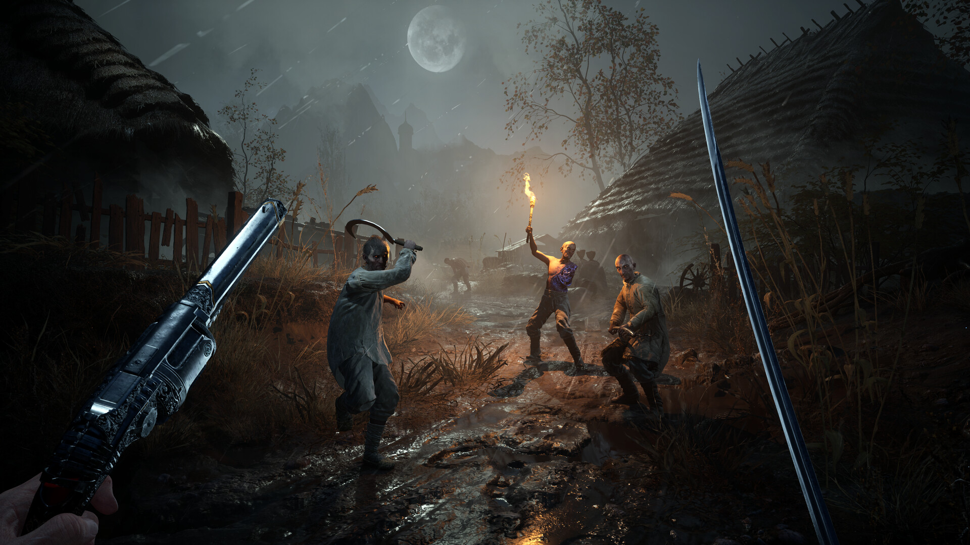 A first-person view of a pistol and blade facing torch-carrying enemies in a ruined village at night in Valor Mortis