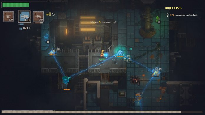 Volatiles chain lightning in a metal corridor. Image Team Instant Defeat 11 bit studios A small pixel-art survivor fires a blue chain of lightning between glowing creatures on a dark metal floor, with a wave-five warning at the top of the screen