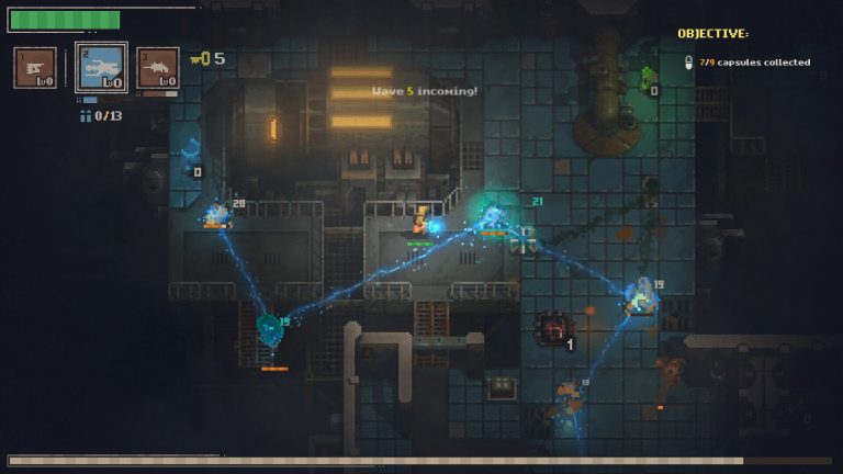 A small pixel-art survivor fires a blue chain of lightning between glowing creatures on a dark metal floor, with a wave-five warning at the top of the screen