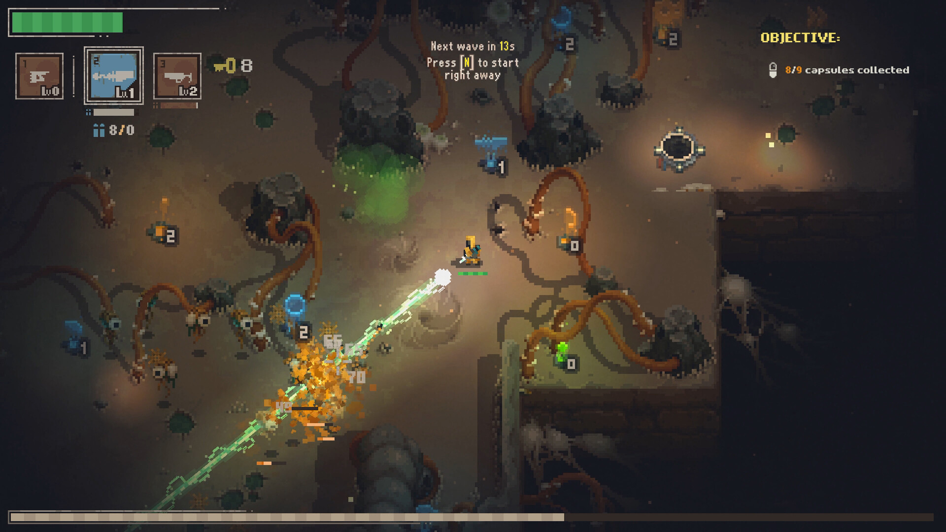 A pixel-art survivor fires a green beam across a sandy arena at orange tentacled creatures with eyes, as a wave countdown reads next wave in 13 seconds