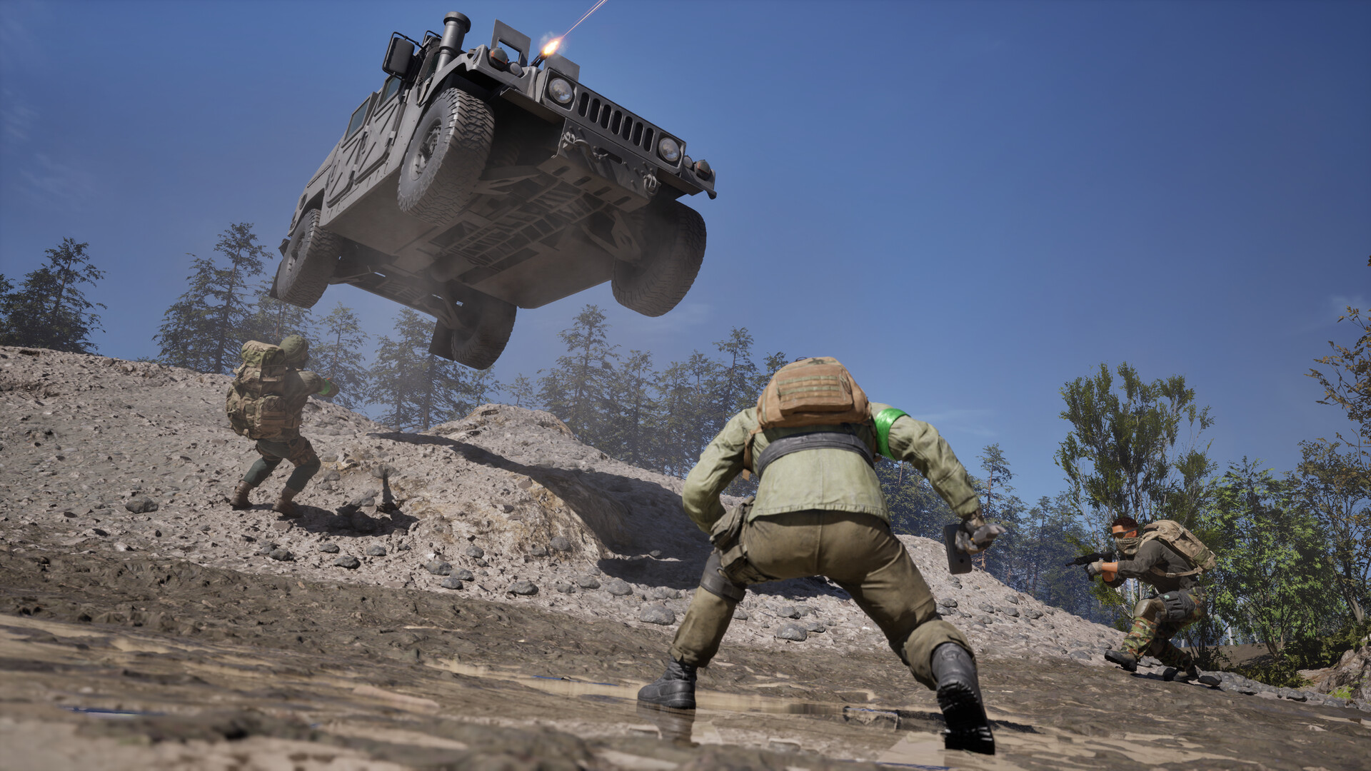 An armoured four-wheel drive jumps over soldiers taking cover on a gravel slope